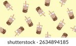 Bubble tea seamless pattern showing boba drink with pink straws on yellow background