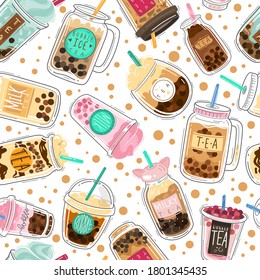 Bubble tea seamless pattern. Taiwanese boba with tapioca balls, pearl milk tea, asian popular cold drink creative design textile, wrapping paper, wallpaper vector texture isolated on white background