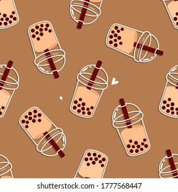 Bubble tea seamless pattern vector illustration. BOBA pattern on chocolate color background