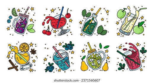 Bubble tea set. Boba beverage drinks in cups with ice, coffee or milk, dessert smoothie and juice, summer food. soda with fresh tropical fruits and berry. Doodle drawing. Vector cartoon design