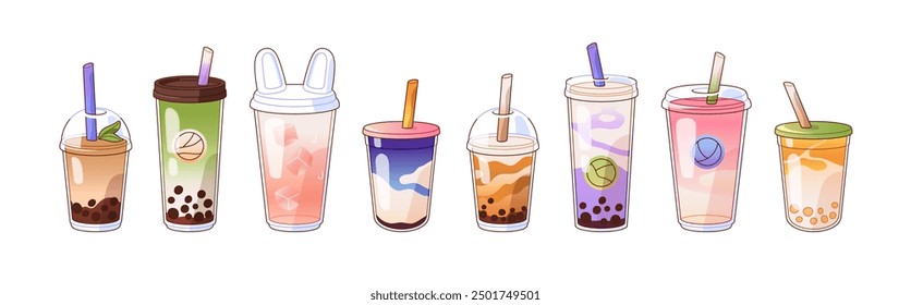 Bubble tea set. Boba drinks in cups with straw with different flavours. Ice coffee with milk, juice, milkshake. Beverages with matcha, taro, tapioca. Flat isolated vector illustrations on white