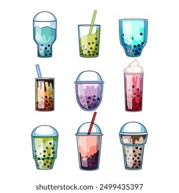 bubble tea set cartoon. boba brown, beverage ice, asian cup bubble tea sign. isolated symbol vector illustration