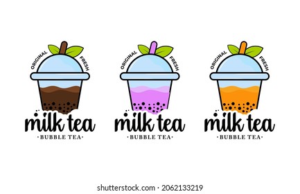 bubble tea set. fresh drink cup of milk tea. milkshake vector illustration