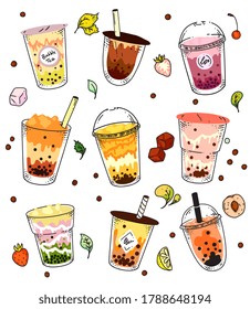 Bubble tea set. Isolated ice cold pearl milk tea beverage in glass and plastic takeaway cup icon collection. Vector Asian summer bubble tea drink design illustration