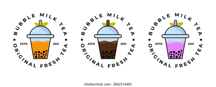 bubble tea set logo. fresh milk boba. milkshake vector illustration