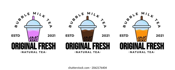 bubble tea set logo. fresh milk boba. milkshake vector illustration