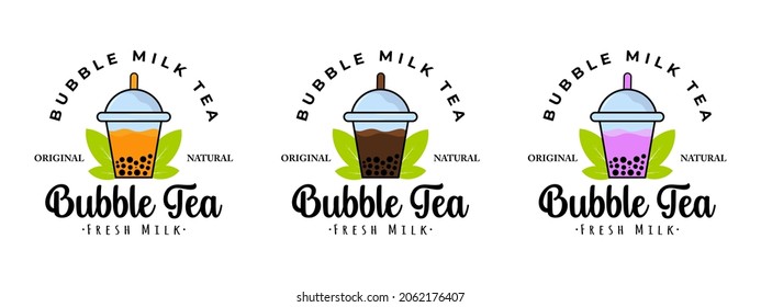 bubble tea set logo. fresh milk boba. milkshake vector illustration