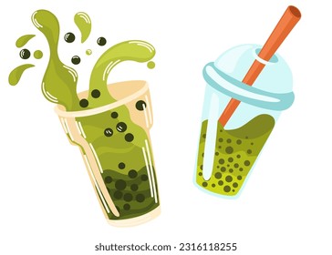 Bubble tea set. Milk tea with tapioca pearls. Bean tea. Asian Taiwanese drink. Refreshing summer drink. Cartoon Vector Illustration