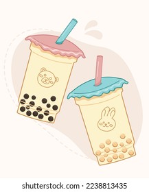 Bubble tea set. Two bubble tee cups with the bunny logo and the bear logo.