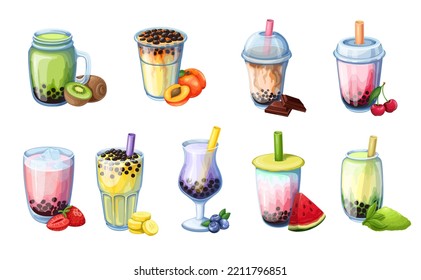 Bubble tea set vector illustration. Cartoon isolated boba milk drink in cups with straw, fresh fruit milkshake and cold sweet summer cocktail with tapioca pearls, cream dessert from cafe menu