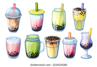 Bubble tea set set vector illustration. Cartoon isolated boba tea or coffee with milk and pearls in plastic cup or jar with straw, sweet fruit juice smoothie in glass beaker for summer beverage menu