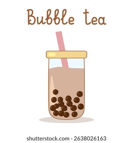 Bubble tea showing boba and pink straw in glass jar with yellow lid, with lettering