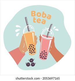 Bubble Tea simple vector illustration of two hands holding plastic cups with straws and lids, cute tapioca bobas. Concept of friends drinking milk tea together. 