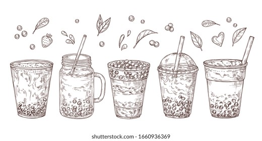 Bubble tea. Sketch summer drink, flavored teas graphic. Isolated delicious asian cold milk dessert. Cup yummy beverages vector illustration