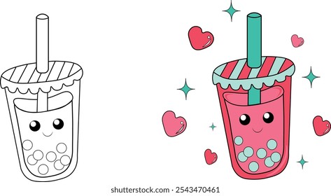 Bubble tea smiles and looks with its eyes. Children's picture.  Coloring book for children.