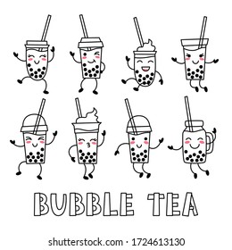 Bubble tea, smoothie or matcha with delicious tapioca. Set of isolated cups, mugs for cocktail menu. Happy characters dancing, waving hands, sing. Kawaii cartoon vector illustration black and white