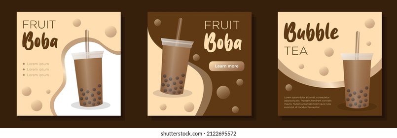 Bubble tea social media post, square banner set, boba pearls drink advertisement concept, brown aromatic marketing ad, modern flyer, isolated on background.