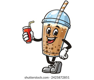 Bubble tea with soft drink cartoon mascot illustration character vector clip art hand drawn