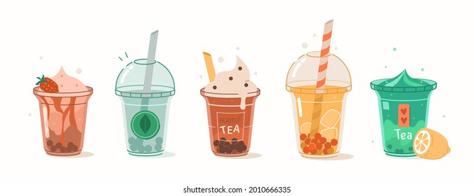 Bubble tea soft drinks with different flavors such as coffee, mocha, lemon.  Yummy summer beverage collection. Flat cartoon vector illustration.