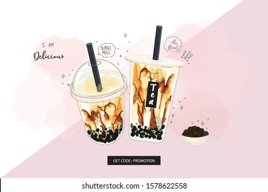 Bubble tea Special Promotions design, Pearl milk tea , Yummy drinks, coffees and soft drinks with logo and doodle style advertisement banner . - Vector