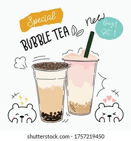 Bubble tea Special Promotions design, Pearl milk tea , Yummy drinks, coffees and soft drinks with logo and doodle style advertisement banner. Vector illustration.