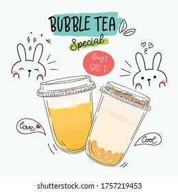 Bubble tea Special Promotions design, Pearl milk tea , Yummy drinks, coffees and soft drinks with logo and doodle style advertisement banner. Vector illustration.