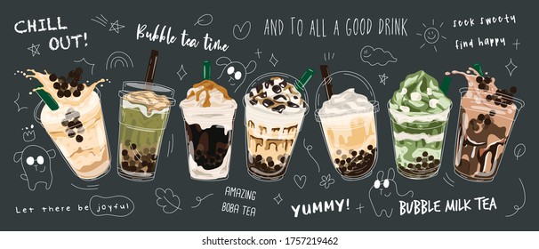 Bubble tea Special Promotions design, Pearl milk tea , Yummy drinks, coffees and soft drinks with logo and doodle style advertisement banner. Vector illustration.