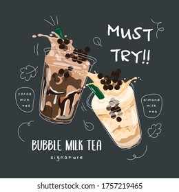 Bubble tea Special Promotions design, Pearl milk tea , Yummy drinks, coffees and soft drinks with logo and doodle style advertisement banner. Vector illustration.