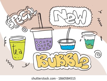 Bubble Tee Special Promotions Design, Perlmilchtee , Yummy Drinks, Kaffee und Erfrischungsgetränke mit Logo und doodle-Stil Werbebanner 