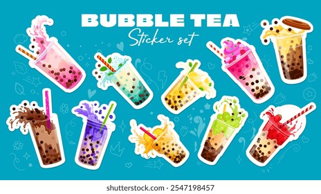 Bubble tea stickers, vector fruit food and milk drink. Boba tea, iced coffee and milkshake cocktail glasses stickers with tapioca pearls and bubbles, chocolate and berry, drinking straws and splashes