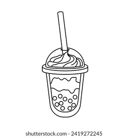 Bubble tea with straw and cream. Dessert, sweets. Coloring page, icon, black and white vector illustration.