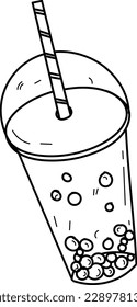 Bubble Tea with Straw and Plastic Glass. Vector Outline 