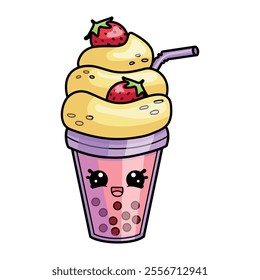 Bubble tea with strawberries and cream. Isolated illustration on a white background of a character in kawaii style.