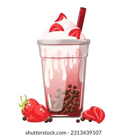 Bubble tea with strawberries.Cold summer drink with tapioca in a plastic cup. Vector illustration.