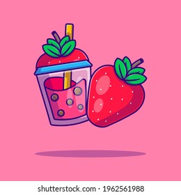 Bubble Tea and Strawberry Vector Cartoon Illustration. Bubble Tea and Fruit Icon Concept White Isolated. Flat Cartoon Style Suitable for Web Landing Page, Banner, Sticker, and Background