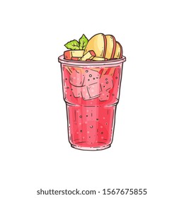 Bubble tea or summer ice cocktail with fruit toppings in glass, sketch vector illustration isolated on white background. Smoothie or milkshake for menu and invitations.