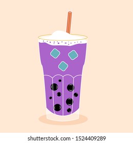 Bubble tea with tapioca with ice. Milk smoothie. Cocktail with a straw. Vector editable illustration