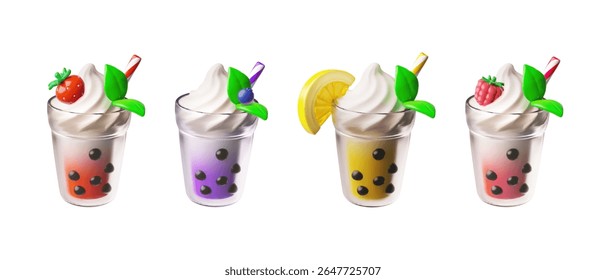 Chá de bolha com pérolas de tapioca e bagas em óculos. Coquetel de Milkshake com bolhas conjunto de vetores 3D. Doce sobremesa líquida com bolas e chantilly. Boba asiático pearl chá frutas sabores e hortelã