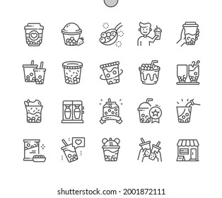 Bubble tea. Tapioca pearls. Boba milk. Coffee house. Menu for restaurant and cafe. Bubble tea in hand. Pixel Perfect Vector Thin Line Icons. Simple Minimal Pictogram