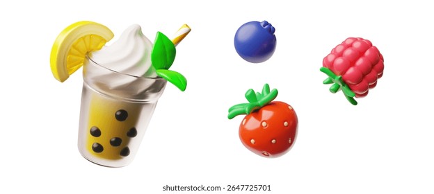 Chá de bolha com pérolas de tapioca, limão e bagas. Coquetel de milkshake com conjunto de ícones de vetor de desenho animado 3D de framboesa, morango. Chá de pérola asiática Boba realista com bolas e chantilly
