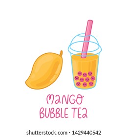 Bubble tea with tapioca pearls and mango fruit isolated on a white background. It can be used for menu, banner, poster and other marketing materials. Vector Image. 