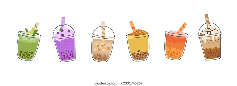 Bubble tea with tapioca pearls set. Asian Taiwanese beverage. Yummy drinks, latte, juice. Cartoon vector illustration. 