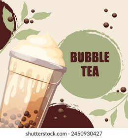 Bubble tea with tapioca in plastic cups. Background with bubble tea. Boba tea. Web banner. Vector illustration.