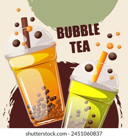 Bubble tea with tapioca in plastic cups. Background with bubble tea. Vector illustration.