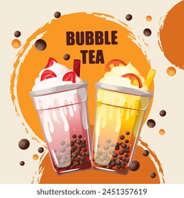 Bubble tea with tapioca in plastic cups. Background with bubble tea. Vector illustration.