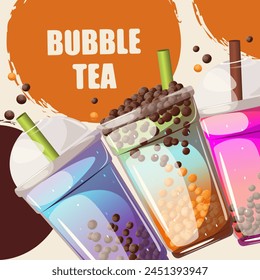 Bubble tea with tapioca in plastic cups. Background with bubble tea. Vector illustration.