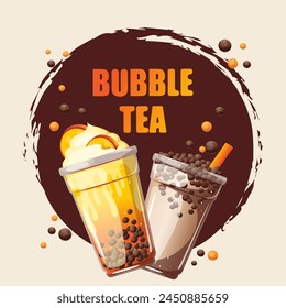 Bubble tea with tapioca in plastic cups.Background with bubble tea.  Web banner. Vector illustration.