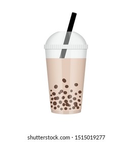 Bubble tea or tapioca in realistic plastic glass cup vector illustration isolated on white background. Eps 10