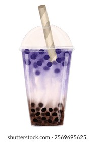 Bubble Tea Taro with Ice, Tapioca pearls in a clear plastic cup with an straw isolated, Watercolour hand paint boba purple milk tea ,Vector cold drink for summers refreshment