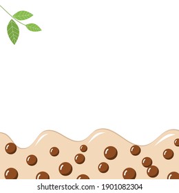 Bubble tea texture and green tea leaves on white milk background vector.